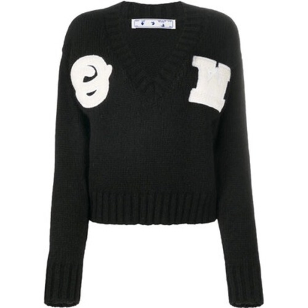 Off-White‎ Appliqued Alpaca Wool Blend V-Neck Sweater Black White LG-425 EE27